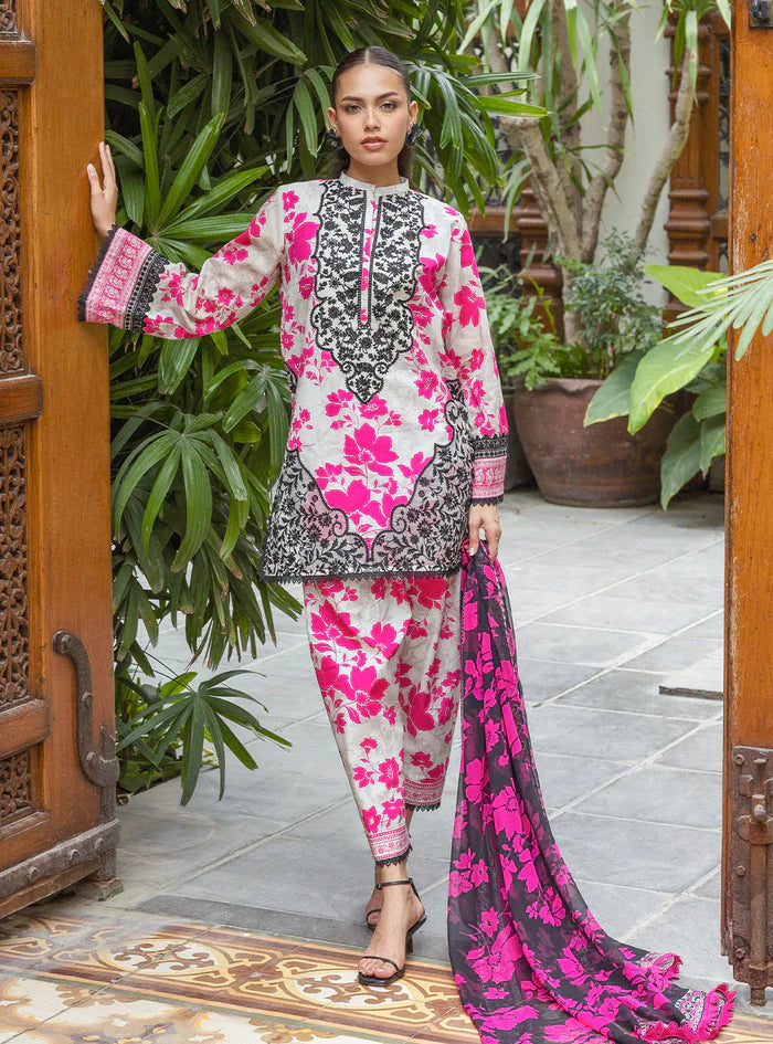 03-Piece Embroidered Printed Lawn With Chiffon Dupatta - Ready To Wear