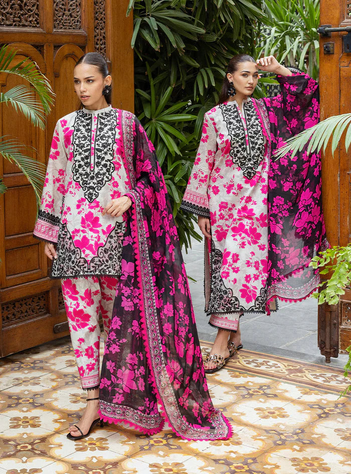 03-Piece Embroidered Printed Lawn With Chiffon Dupatta - Ready To Wear
