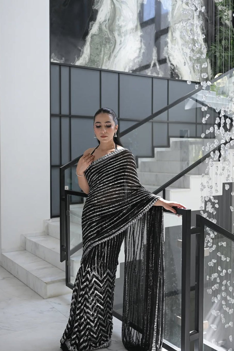 03-Piece Chiffon Saree With Embroidery | Ready To Wear