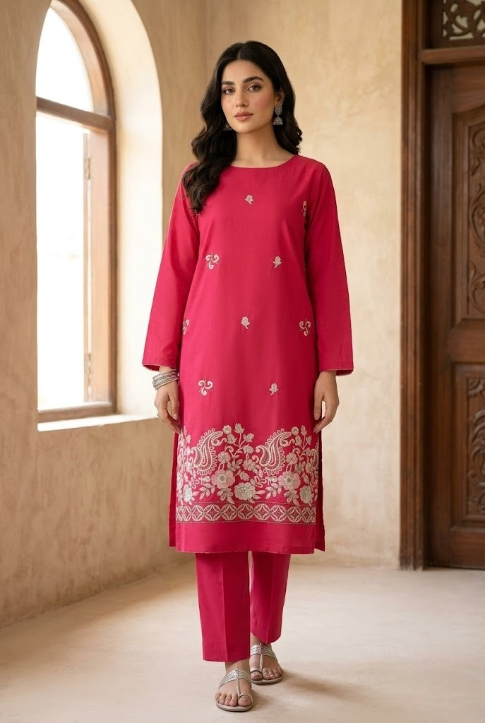 02-Piece Front Back Embroidered Dress Ready To Wear
