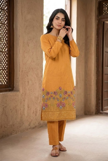 02-Piece Front Back Embroidered Dress Ready To Wear